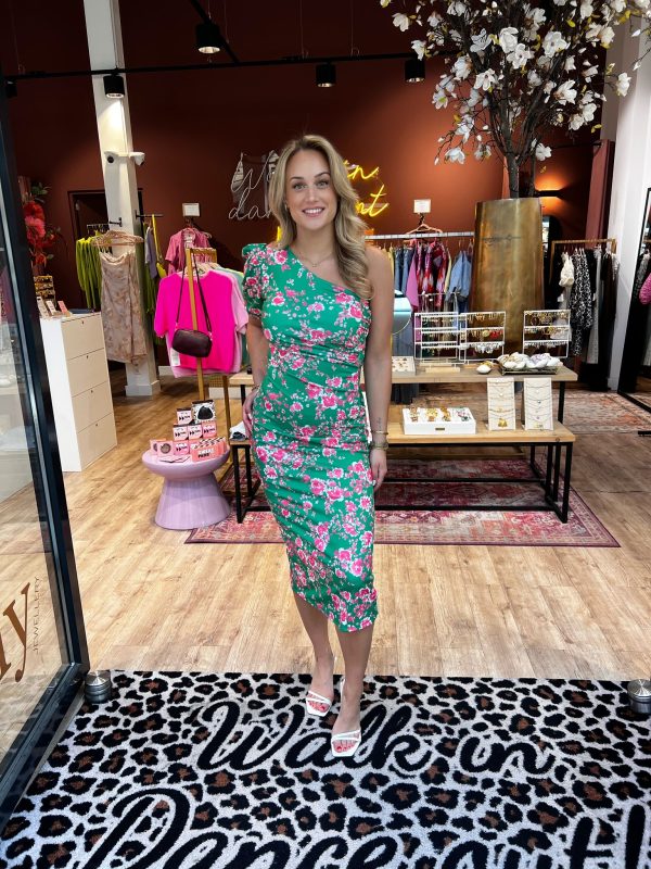 One shoulder Flower dress groen
