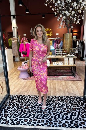 One shoulder Flower dress roze