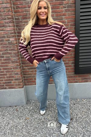Trui Mollie aubergine / roze streep