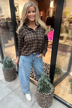 Blouse sparkle ruit bruin